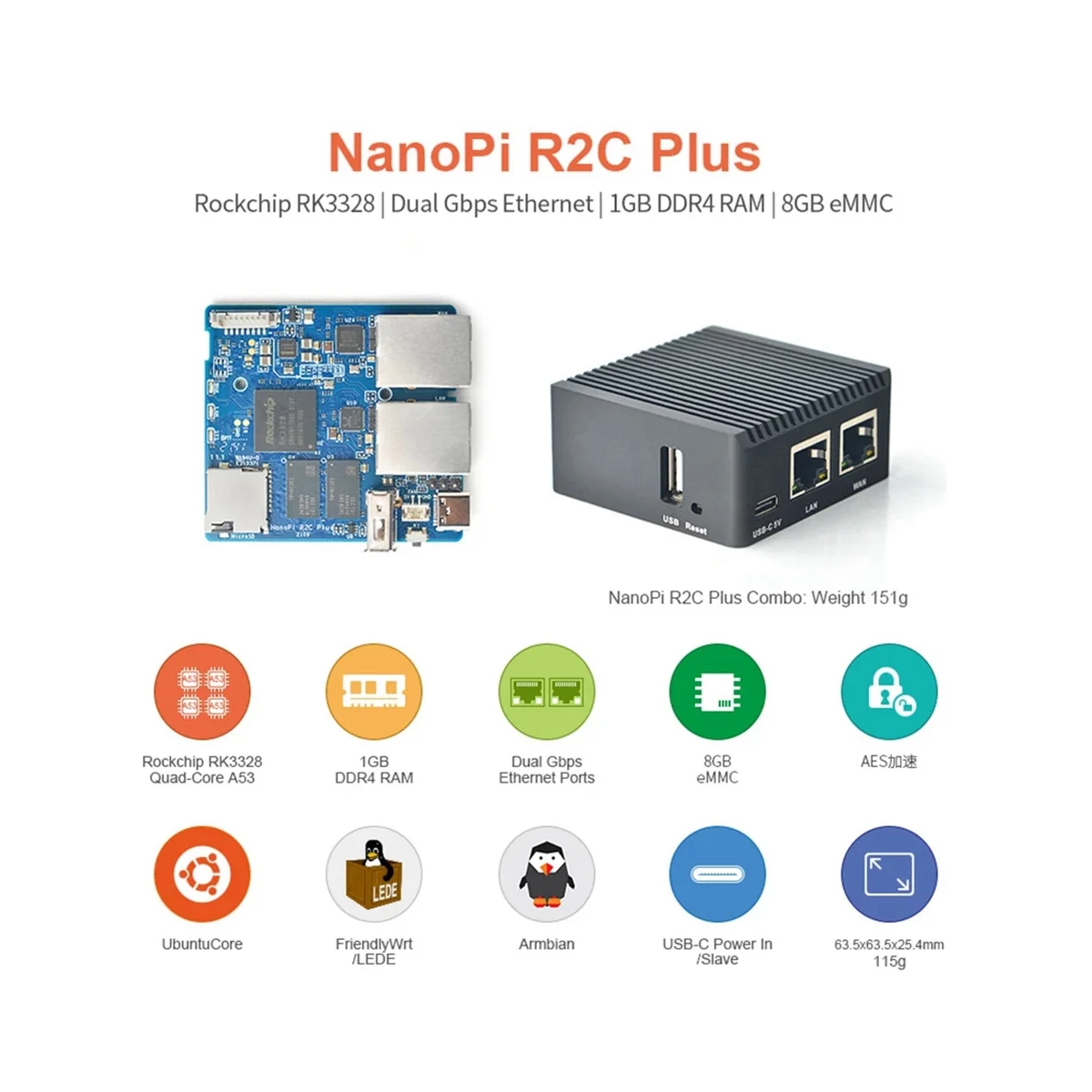 Par NanoPi R2C Plus Attīstības padomē+Metāla Gadījumā RK3328 Dual Gigabit Tīkla Interfeisa 1GB+8G EMMC RAM Mini Maršrutētāju Combo . ' - ' . 3