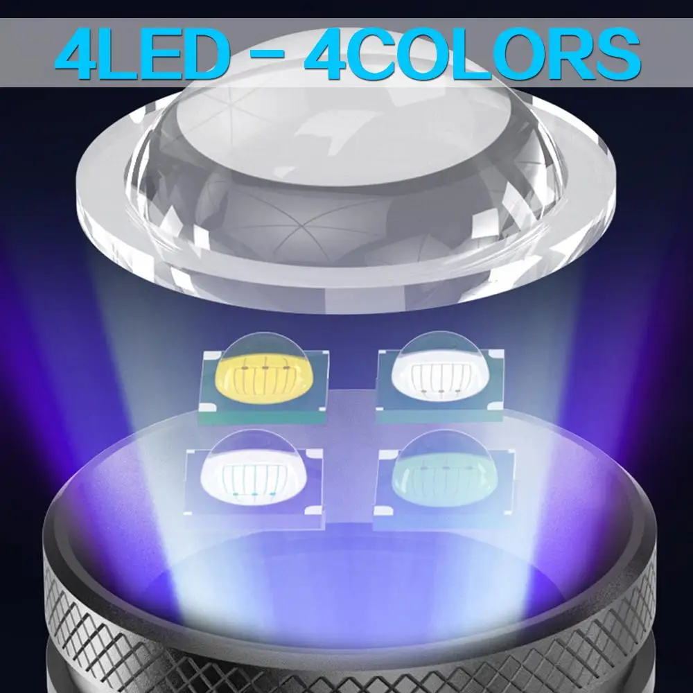 Ultra Bright LED Zibspuldzi, 4 gaišas Krāsas Zils/Balts/Dzeltens/UV Gaismas Lukturīti, Uzlādējams Lāpu Zvejas Lukturīti . ' - ' . 1