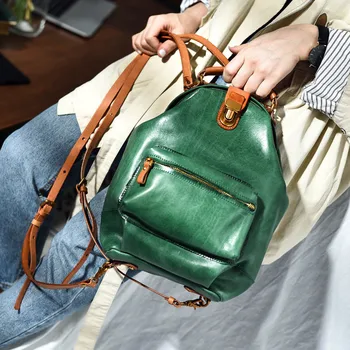 Augstas kvalitātes īstas ādas dāmas mugursoma multi-function nekustamā pātagot sievietes mazās bookbag modes vintage green gudrs bagpack