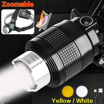 Balta Dzeltena LED Lukturis XHP90 Zoomable Galvas Lukturīti 18650 Uzlādējams Power Bank Zvejas Lukturu Kempings Medību Gaismas