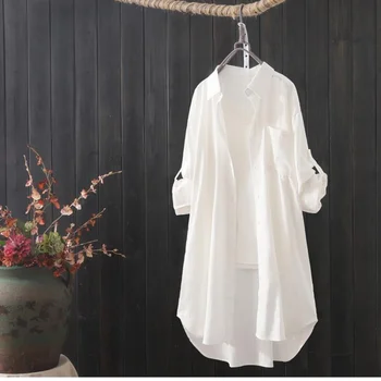 Balts Krekls Sievietēm 2023 Pavasara Vasaras korejas Modes Vienkāršu, vienkrāsainu Ilgi Krekli Dāmu Zaudēt Elpojošs Midi Kreklu un Blūžu