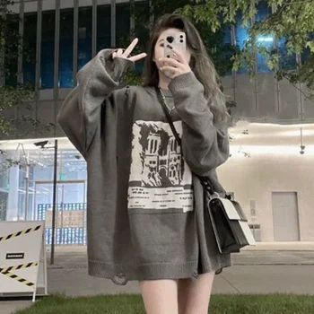 Deeptown Vintage Problemātisko Džemperis Sievietēm Grunge Y2k Adīts Sieviešu Džemperis Hipiju Trikotāža Korejas Modes Lielgabarīta Streetwear