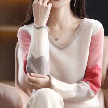 Gadījuma Modes V-veida Kakla Kontrastējošas Krāsas Trikotāžas Džemperis Sieviešu Apģērbu 2022. Gada Rudenī Jaunu Zaudēt korejiešu Jaunā Top Viss-spēles Džemperis