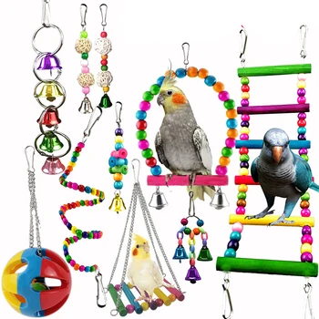 Iestatīt 10 Pack Putnu Būris Rotaļlietas Papagaiļus, Reliable & Košļājamā - Šūpoles Karājas Košļājamā Bite Tilta Koka Bumbu Krelles Bell Putnu Rotaļlietas