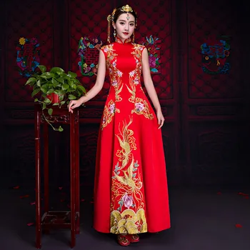 Jaunas Ielidošanas vasaras apģērbu izšūšana grauzdiņš apģērbu līgava cheongsam kāzu kleitu Aizjūras Ķīniešu īsām piedurknēm kleita