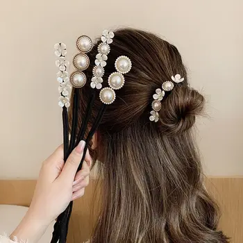 Jaunas Pērles Burvju Bun Maker Hairbands Donut Pērļu Ziedu Matu Lentes Modes Meitenēm DIY Frizūra HeadbNew Elastīgās Matu Aksesuāri