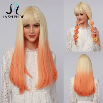 La Sylphide Halloween Cosplay Parūka Garu Taisnu Sakņu Blondīne Ombre Apelsīnu Sintētiskās Parūkas, lai Melna Balta Sieviete Parūka siltumizturīgas