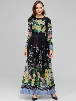 MoaaYina Modes Dizainera kleita Vasaras Sieviešu Kleita O-veida Kakla Mežģīnes garām Piedurknēm Dzīvnieku Drukas Garās Kleitas