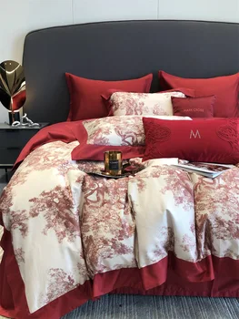 Moderna stila kāzu sarkana kokvilnas garās vilnas kokvilnas palagu četru gabals kāzu svētku gultas piederumi, mājas tekstila ziedu jūra