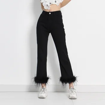 Nekustamā Spalvu Raibs Sieviešu Modes Bikses Melnā Krāsā Augsta Vidukļa Sexy Hip Hop Dāmu Pavasara Džinsi