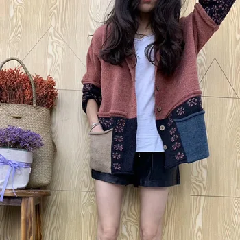 Pavasara Rudens Modes Zīmola Korejiešu Stilā Vintage Raibs Kažoks Kontrasta Krāsu Garām Piedurknēm Slim Kapuci Adīšanas Džemperis Kabatām