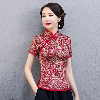 Plus Lieluma Vintage Sieviešu Krekls M-5XL Ķīniešu Stilā Cheongsam Blūze Vasaras Qipao Kleita Mandarīnu Apkakles Tērpu Lady Apģērbu Vestido