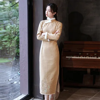 Spalvu Apkakle Vilnas Cheongsam 2022. Gada Ziemas Jauno Modeli Elegants Ķīniešu Meitene Uzlabota Qipao Kleita Rudens Ziemas Garām Piedurknēm