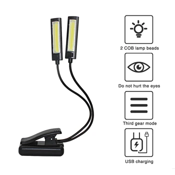USB 2 Led COB Gaismas Būvēt Akumulatora Grāmatu Lasīšanas Lampas Gaismas Elastīgu 2 Dual Ieroču Klipu Par Torch Flashlight + Kabelis