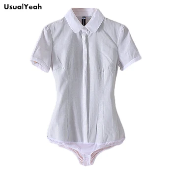 UsualYeah Jaunā Sieviešu Oficiālu Īsām piedurknēm Ķermeņa Krekls blusas femininas Plus lieluma Biroja Dāmas Savukārt uz leju, blūzes, krekli Bodysuit Baltā Svītrainām