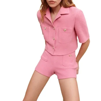 VII 2023 Zīmolu M Vasaras Sieviešu Apģērbu Modes Moderns Metāla Sprādzes Īss Rozā Komplekti Sievietēm 2 Gabali Bezmaksas Piegāde Piedāvājumi