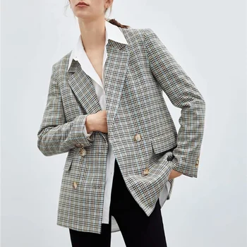 Vintage Kontrasta Krāsu Pleds Žakete Uzvalks Biroja Dāma Modes Dubultā Krūtīm Vidū Garums Apmainīt Žakete Sievietēm Ir 2021. Formālās Drēbes