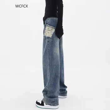 WCFCX STUDIO Ripped Vintage Sieviete ir Noskumuši Džinsi Streetwear Caurumu Hip Hop Augstās Jostasvietas Bikses Taisnas Džinsa Bikses