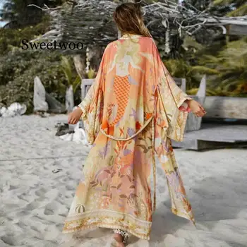 Ziedu drukāt kimono jaka gara blūze sievietēm peldēt uz augšu, vasarā 2020. gadam boho kaftan beach femme blūzes vestidos
