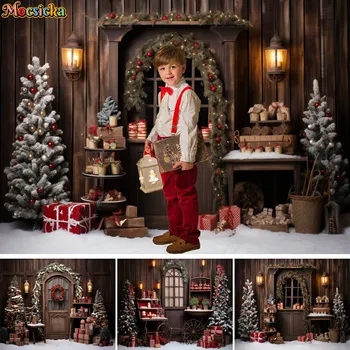 Ziemassvētku Retro Koka Durvju Fotogrāfija Backdrops Bērniem, Dzimšanas Dienu Portrets Ziemas Sniega Ziemsvētki Koks Valdes Fona Foto Studija