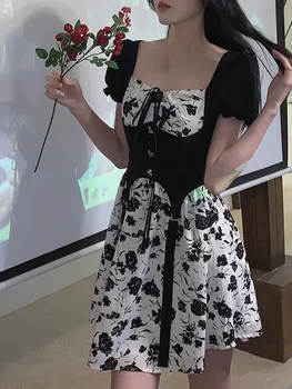 Īss Puse No Viena Gabala Kleita Korejiešu Stila Franču Vintage Īsām Piedurknēm Kleita Gadījuma Elegants Ziedu Mini Kleita Sieviete 2022 Vasaras